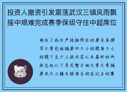 投资人撤资引发震荡武汉三镇风雨飘摇中艰难完成赛季保级守住中超席位